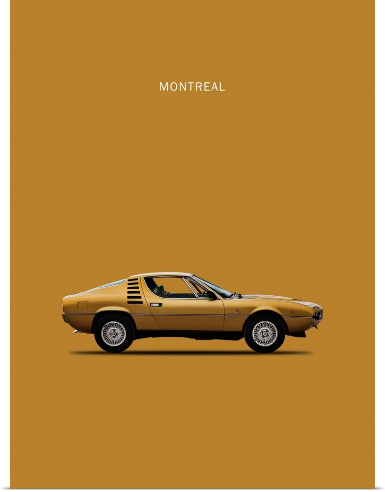 Photograph of a gold Alfa Romeo Montreal 1972 printed on a gold background