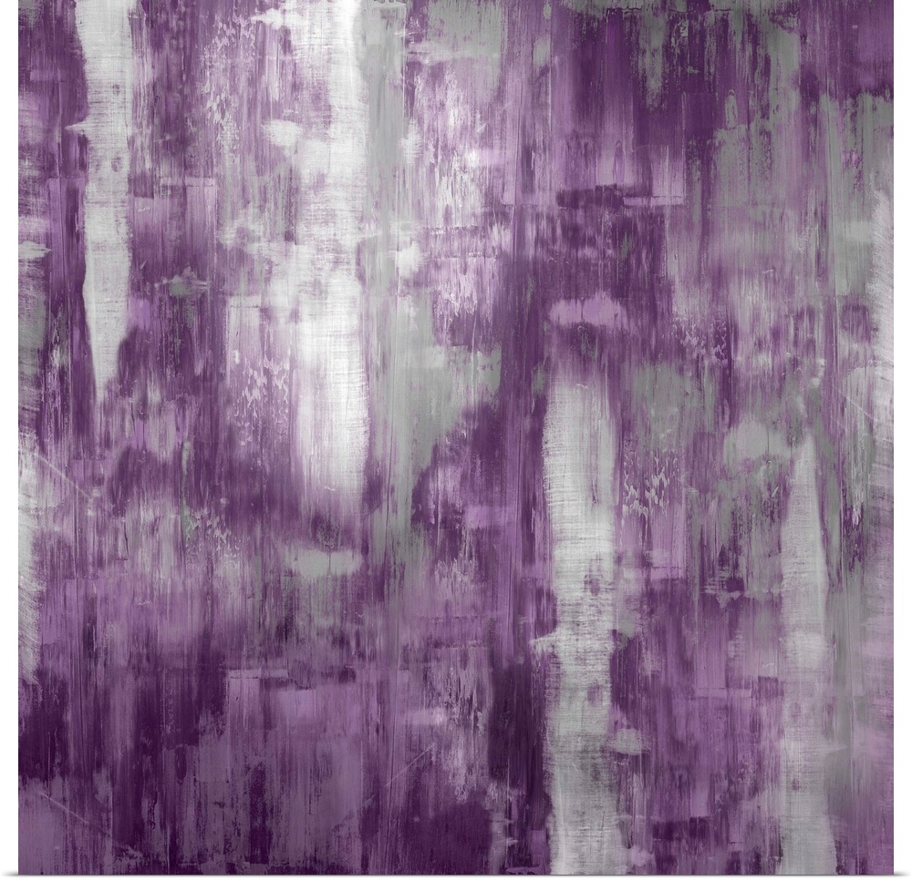 Square abstract painting with silver and purple hues running down the canvas.