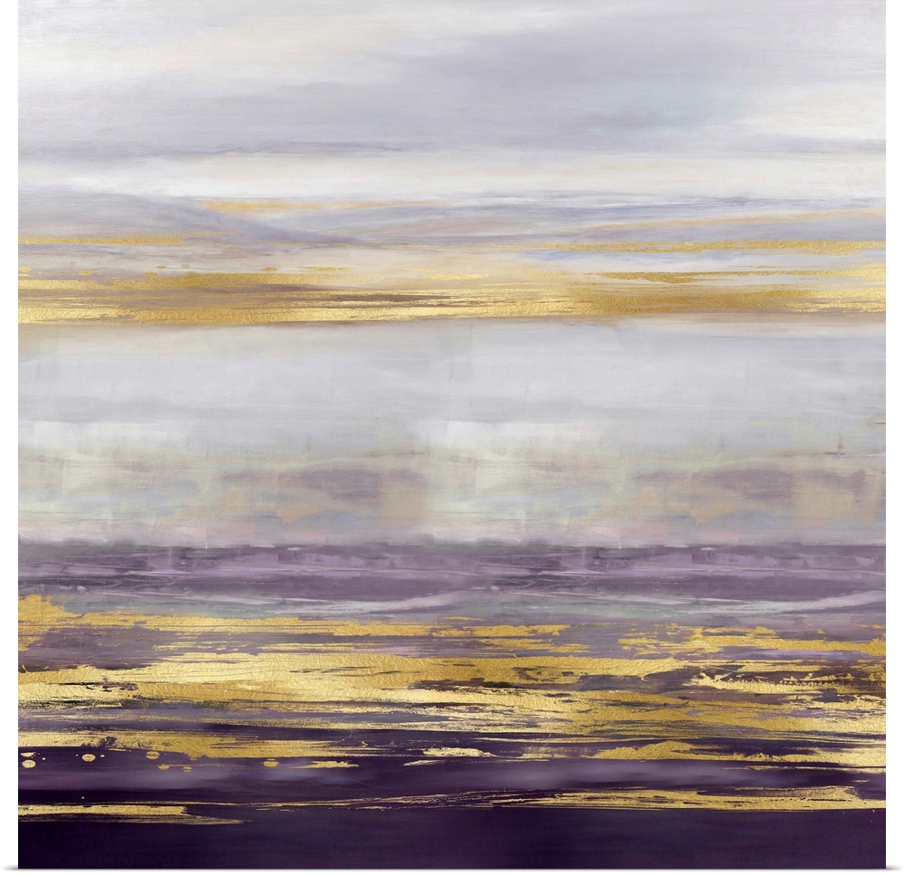 Contemporary artwork featuring three gold brush strokes on a purple gradated background.