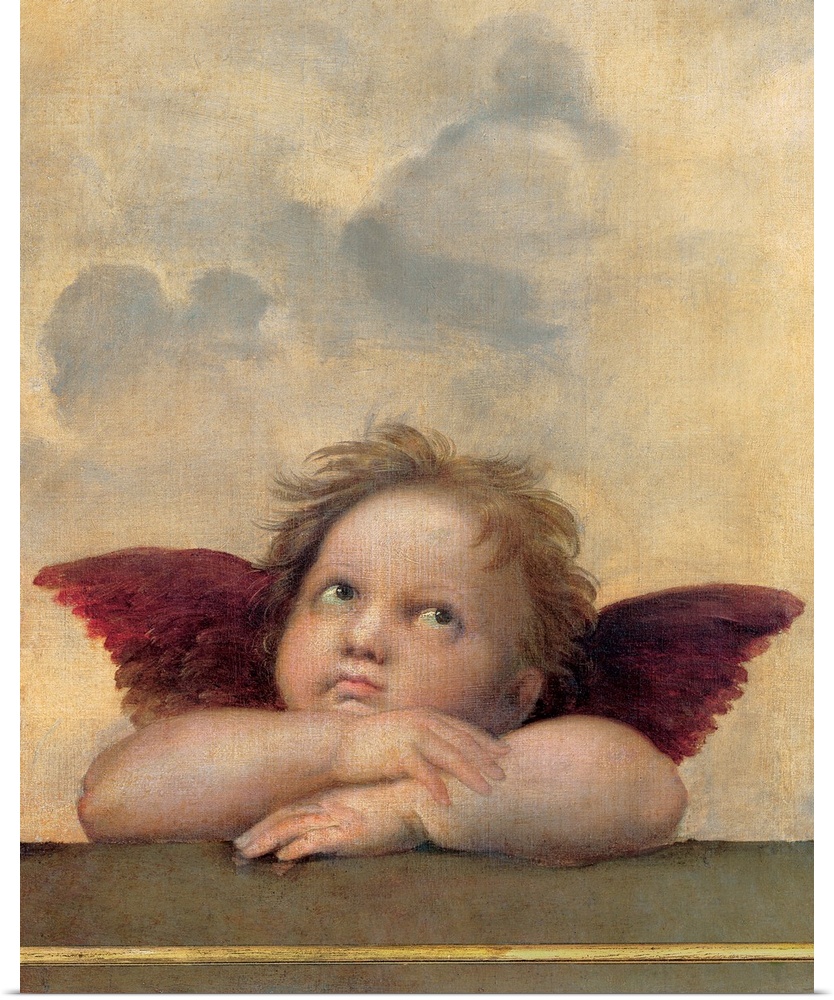 Detail from The Sistine Madonna, 1513 by Raphael, of winged cherubim rest on their elbows.