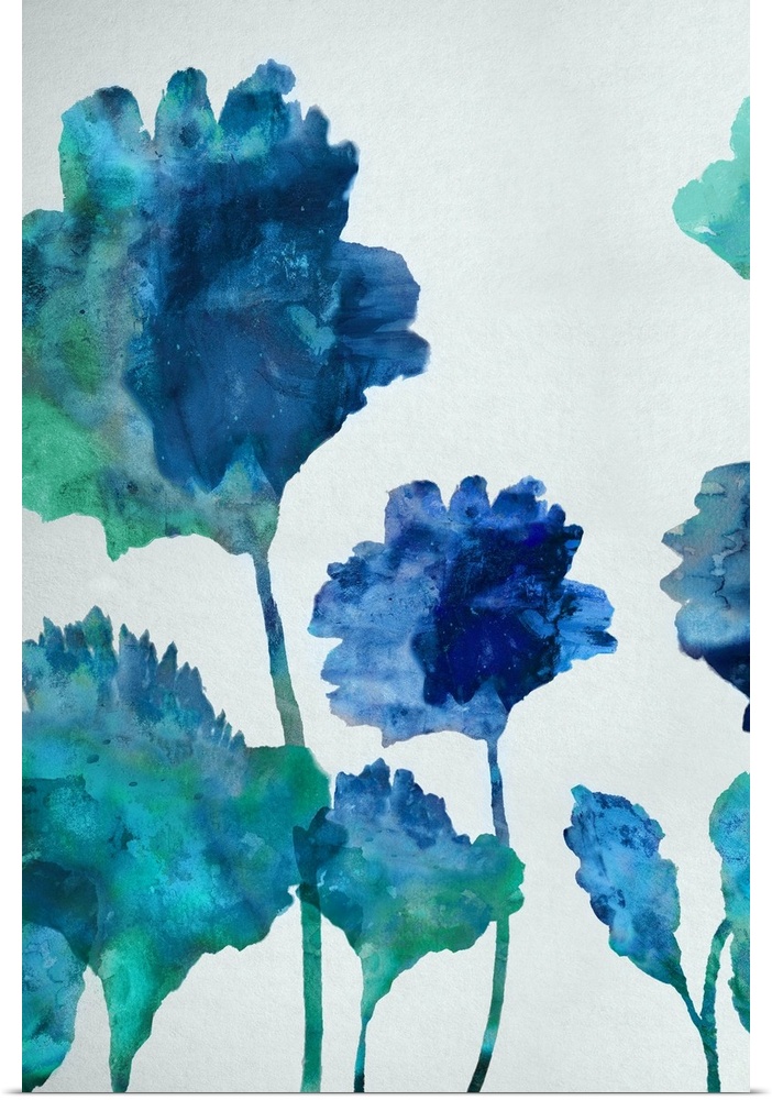 Painting of floral silhouettes in shades of blue and green on a bright white-gray background.