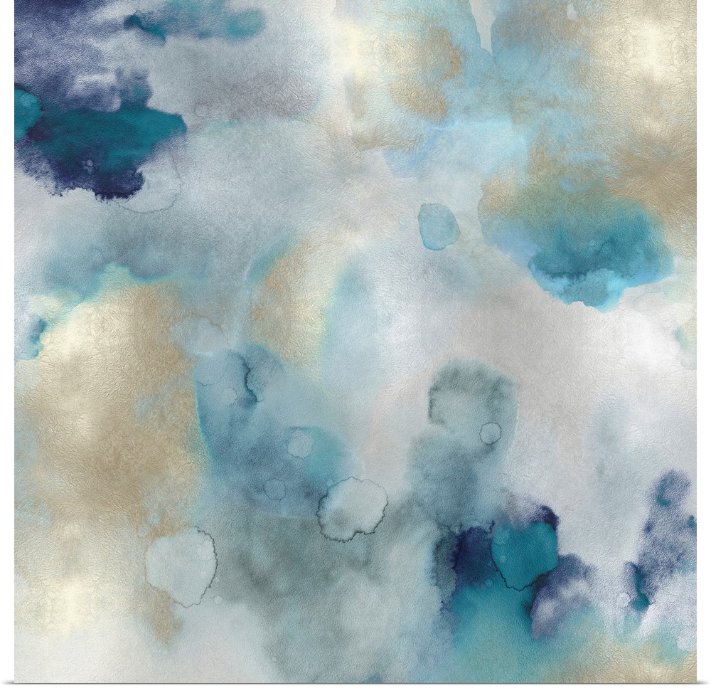 Contemporary abstract artwork features in blue, gold and white drips with foil texture throughout.