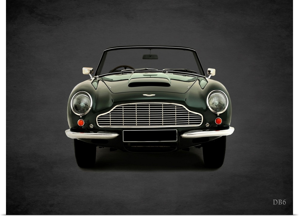 Photograph of a dark green 1965 Aston Martin DB6 printed on a black background with a dark vignette.
