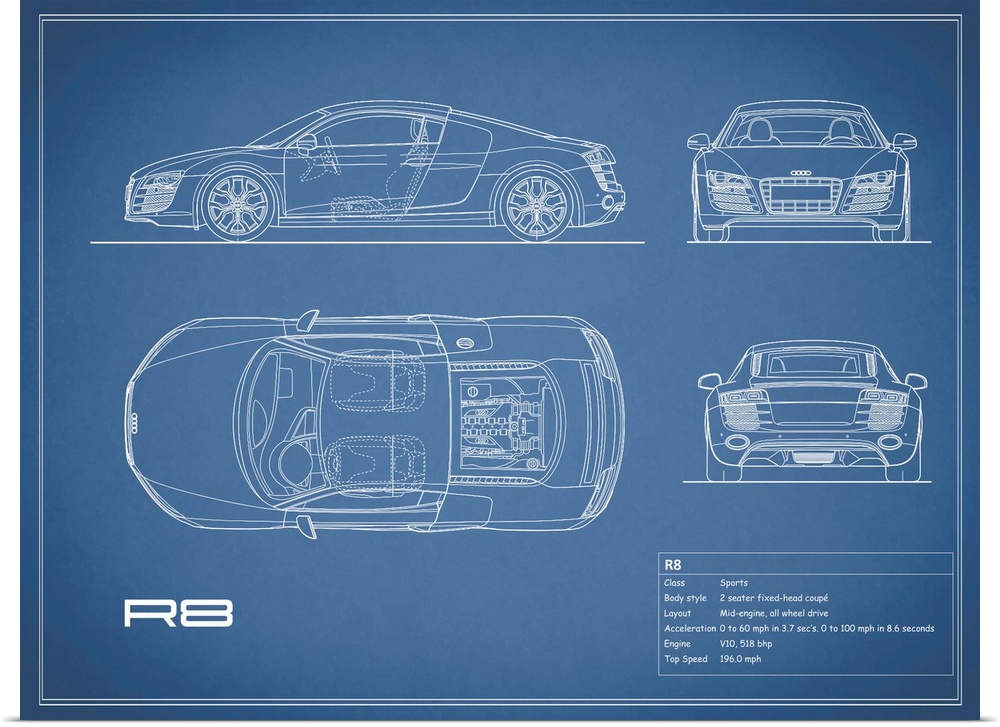 Antique style blueprint diagram of an Audi R8 V10 printed on a Blue background.