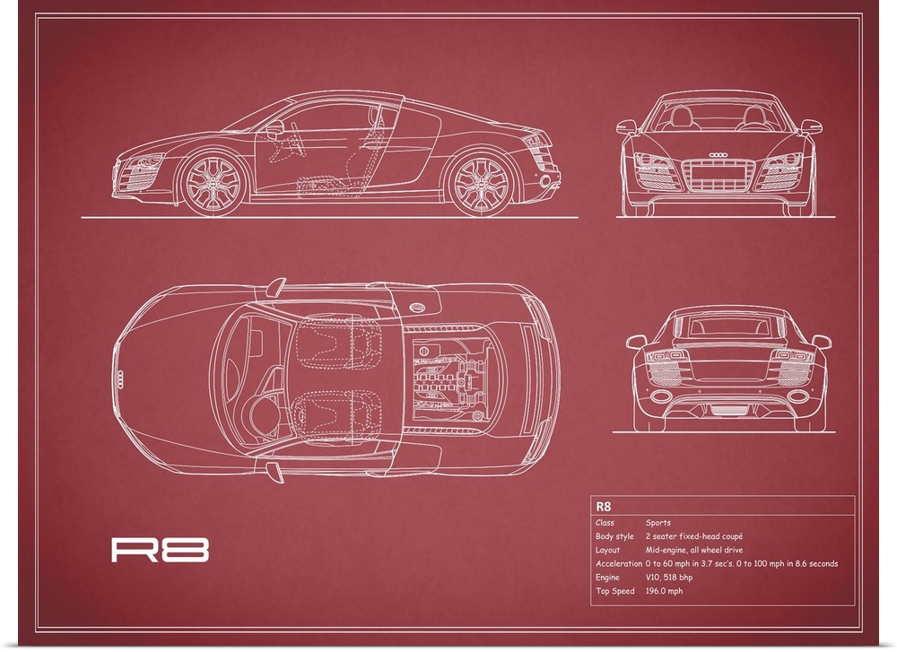 Antique style blueprint diagram of an Audi R8 V10 printed on a Maroon background.