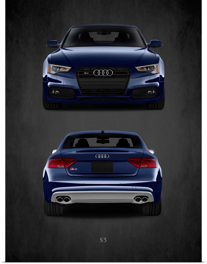 Photograph of the front and back of a blue Audi S5 printed on a black background with a dark vignette.