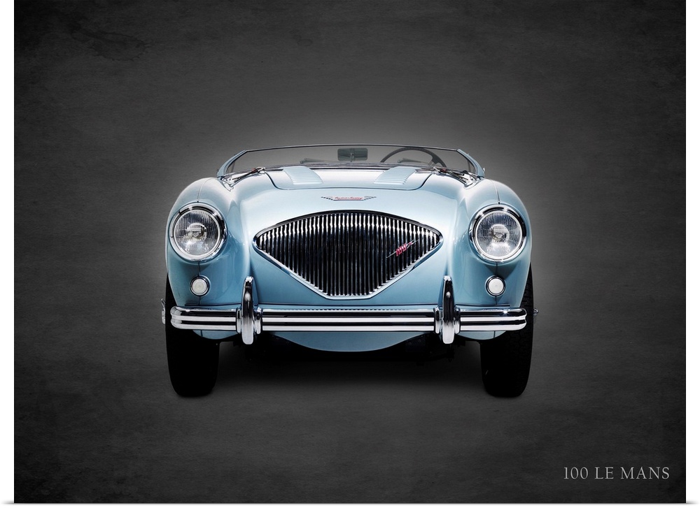 Photograph of a powder blue 1956 Austin-Healey 100 LeMans printed on a black background with a dark vignette.