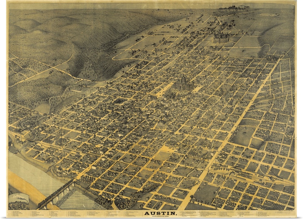 Antique illustrated map of a bird's eye view of Austin, Texas from 1887.