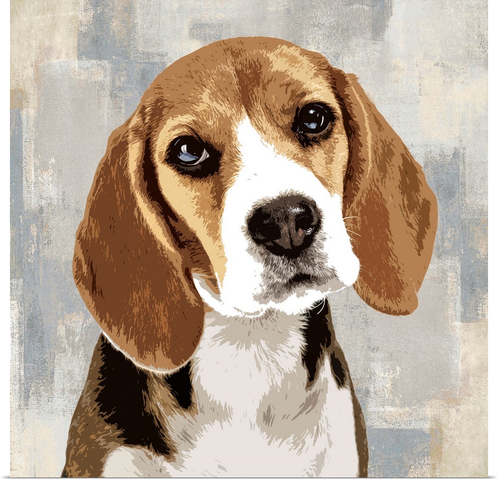 Square decor with a portrait of a Beagle on a layered gray, blue, and tan background.