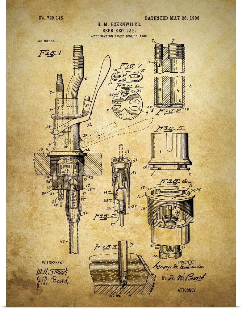 Antique blueprint of the beer keg tap, patented May 26, 1903.
