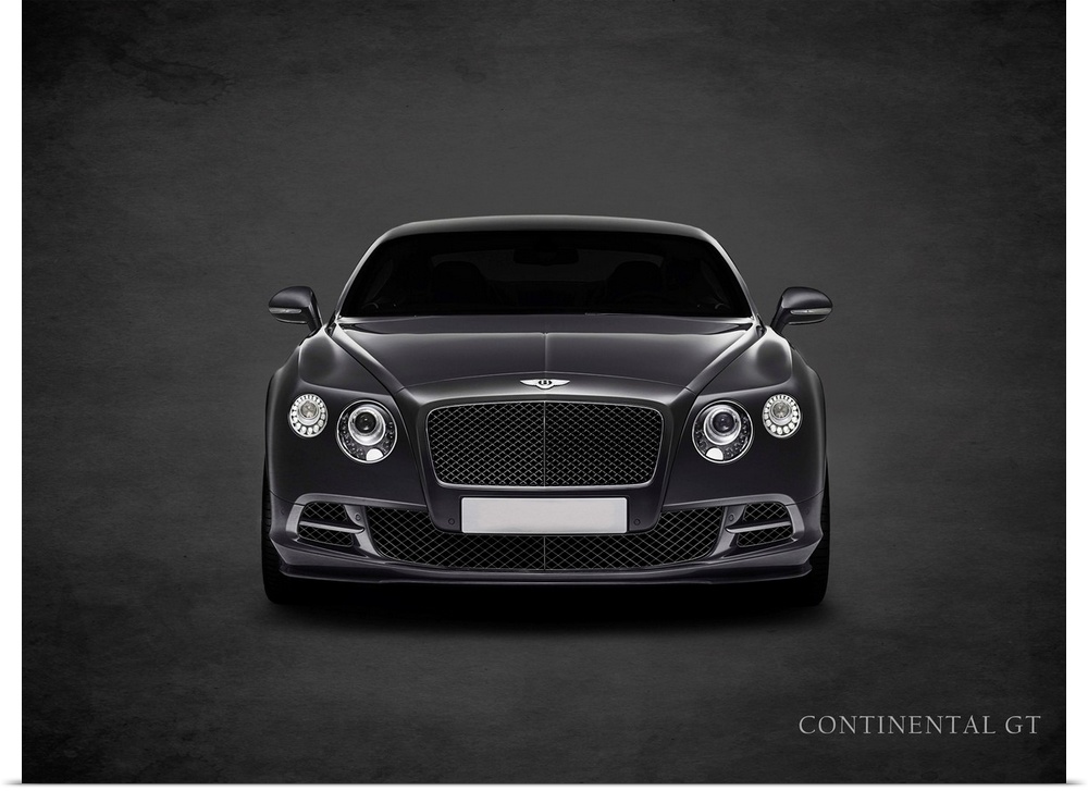 Photograph of a black Bentley Continental GT printed on a black background with a dark vignette.