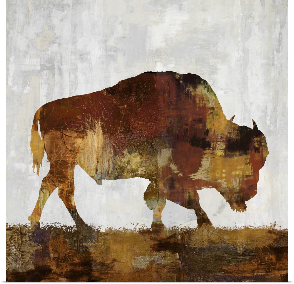 Square decor with a brown and gold silhouette of a bison on a gray, tan, and white background.