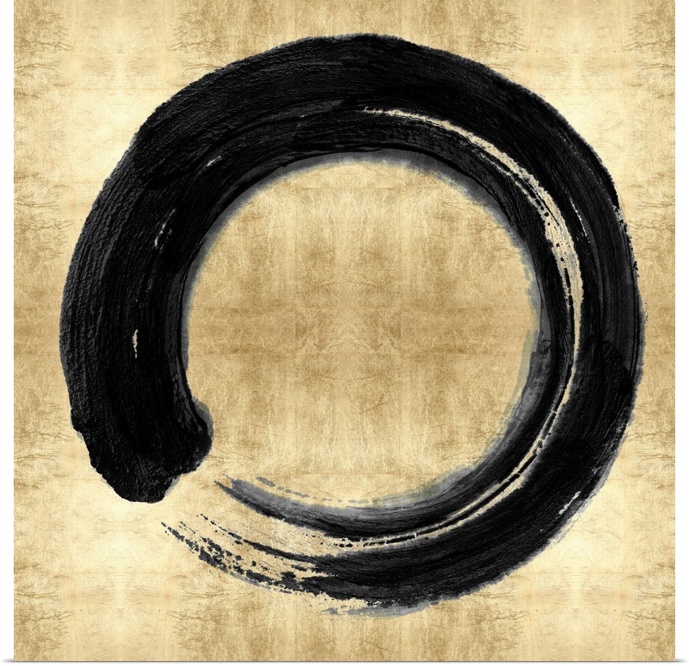 This Zen artwork features a sweeping circular brush stroke in black over a mottled gold color background.
