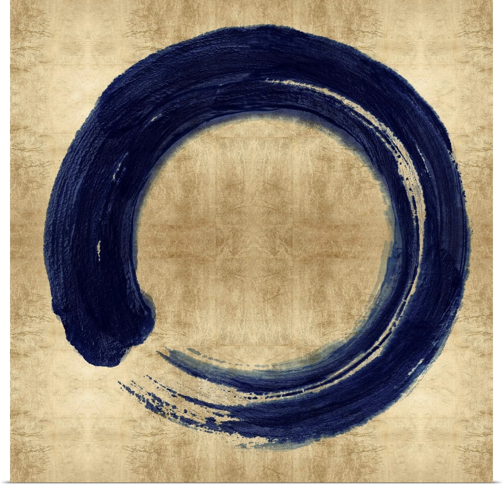 This Zen artwork features a sweeping circular brush stroke in blue over a mottled gold color background.
