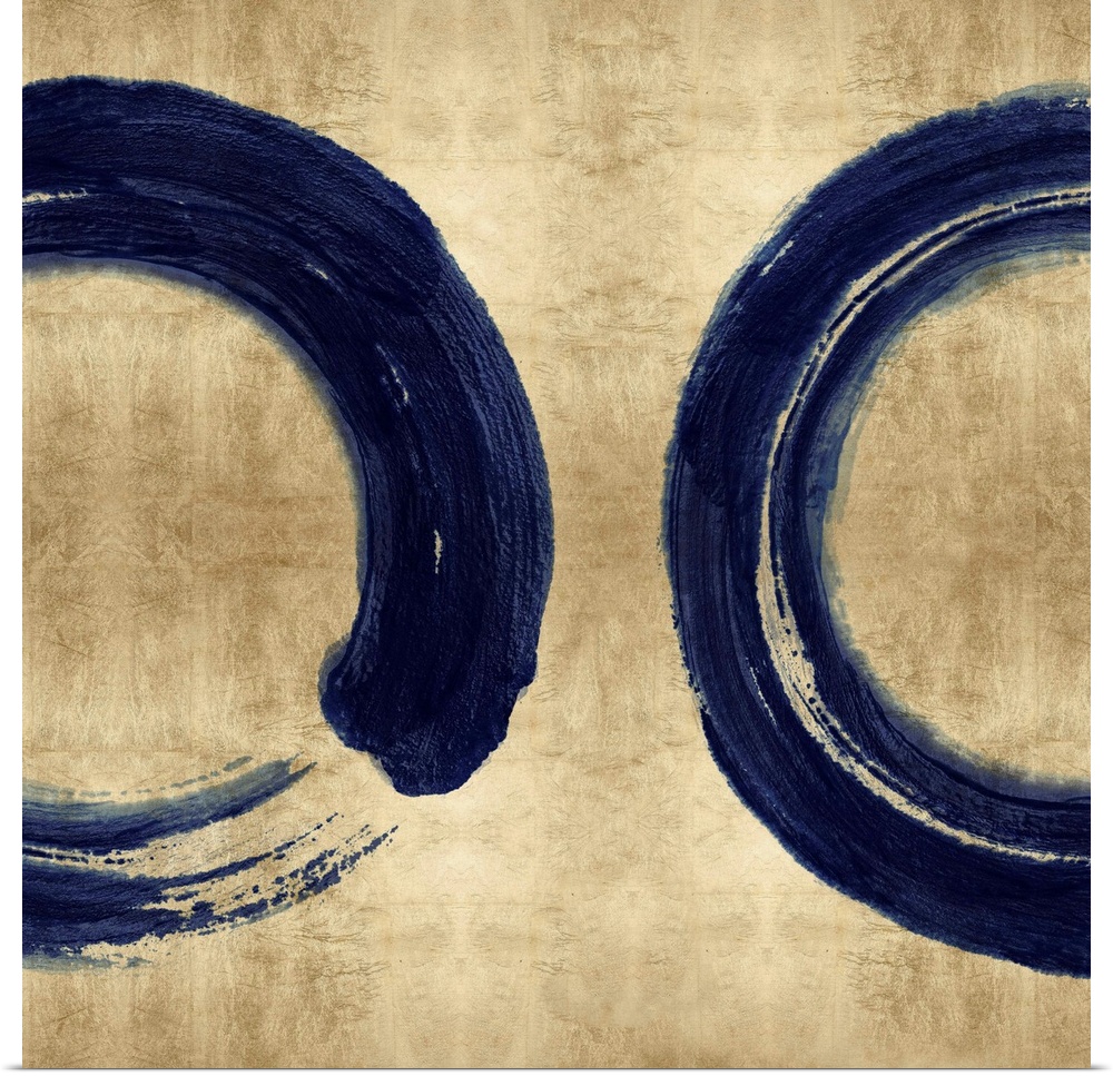 This Zen artwork features two sweeping circular brush strokes in blue over a mottled gold color background.