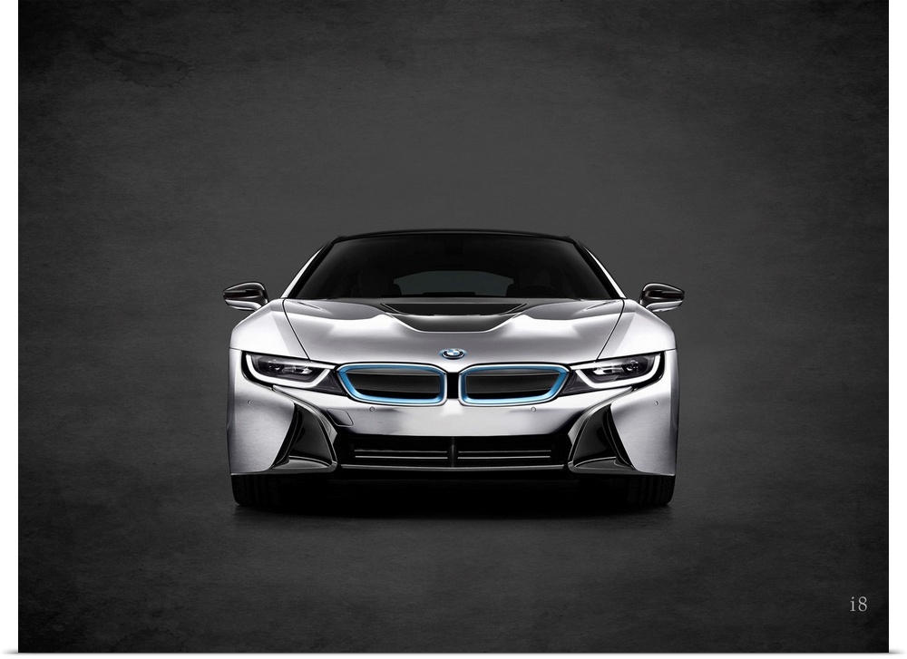 Photograph of a silver BMW i8 printed on a black background with a dark vignette.