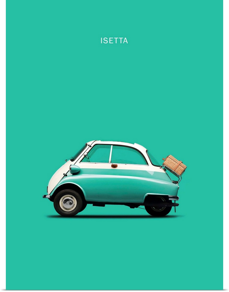 Photograph of a teal BMW Isetta 300 printed on a teal background