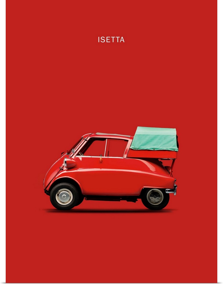 Photograph of a red BMW Isetta 300 printed on a red background