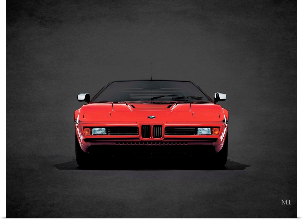 Photograph of a red 1979 BMW M1 printed on a black background with a dark vignette.