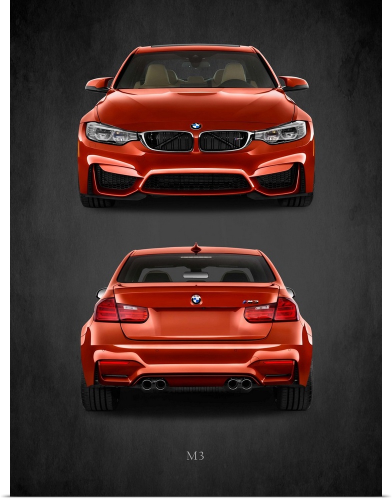 Photograph of the front and back of an orange-red BMW M3 printed on a black background with a dark vignette.