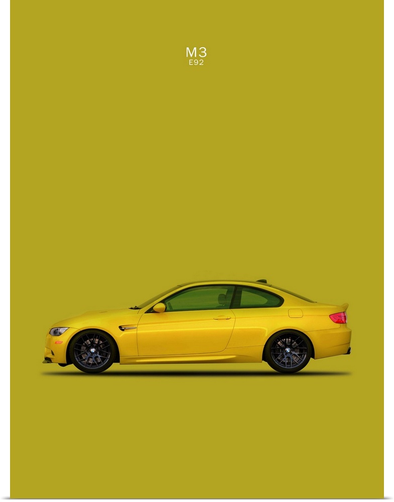Photograph of a yellow BMW M3 E92 printed on a yellow-green background