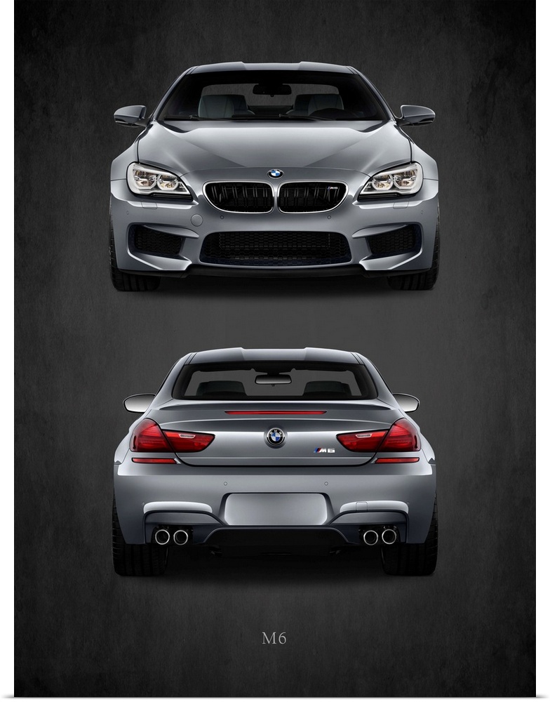Photograph of the front and back of a silver BMW M6 printed on a black background with a dark vignette.