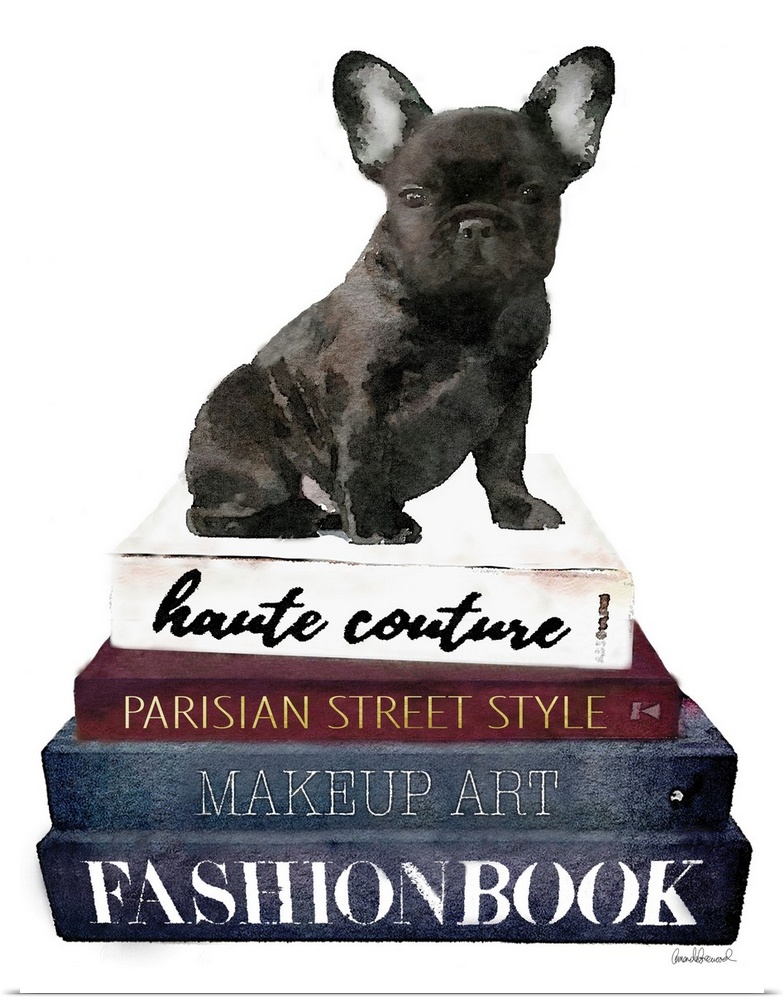 A french bulldog sits atop a stack of designer books.