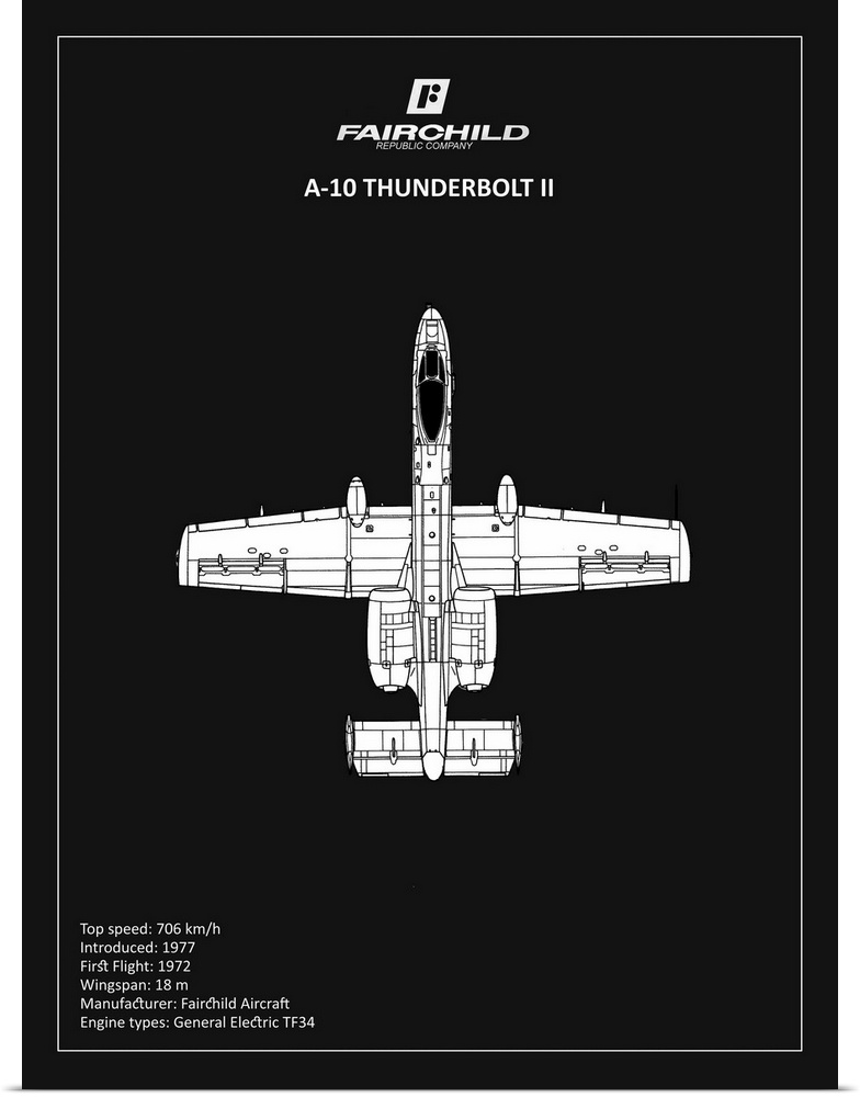 Black and white diagram of a BP A-10 Thunderbolt 2 with written information at the bottom, on a black background.