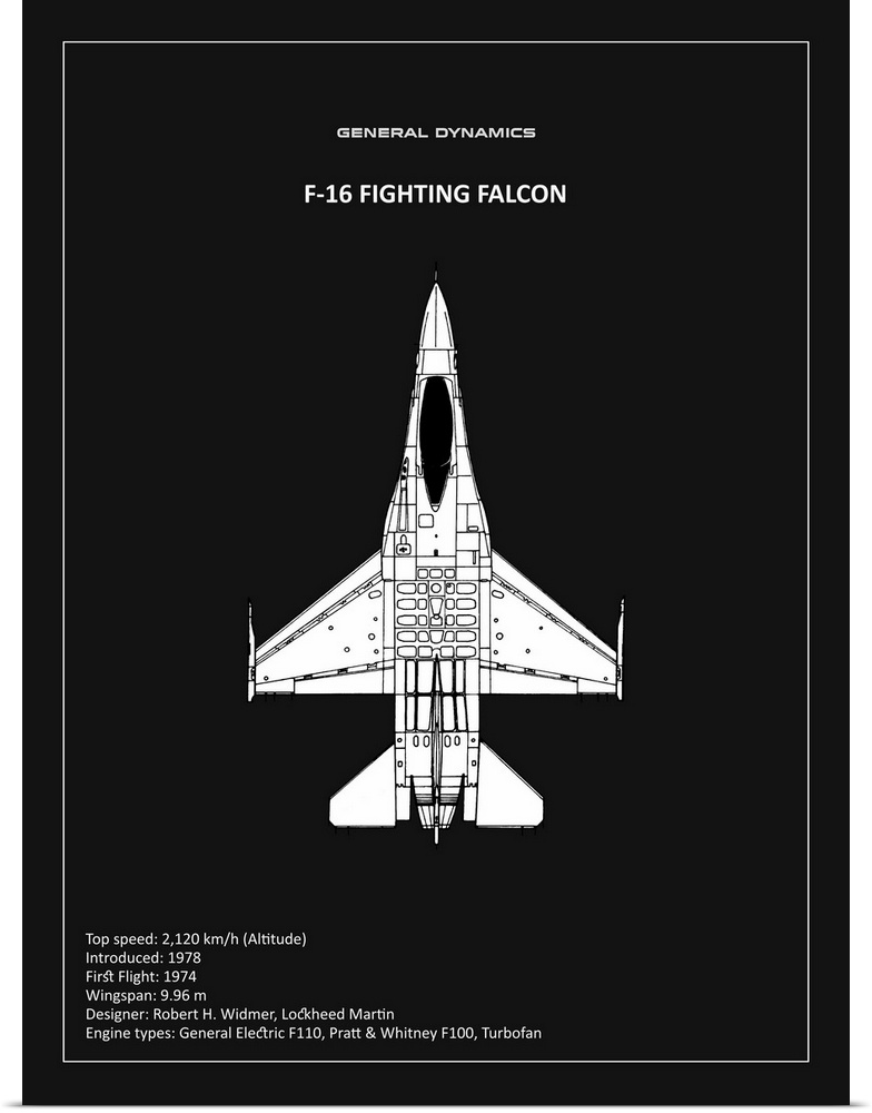 Black and white diagram of a BP F-16 Fighting Falcon with written information at the bottom, on a black background.