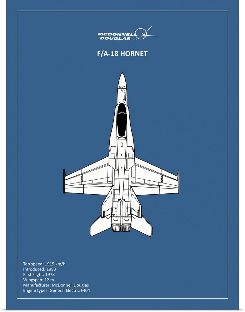 Black and white diagram of a BP FA18 Hornet with written information at the bottom, on a blue background.