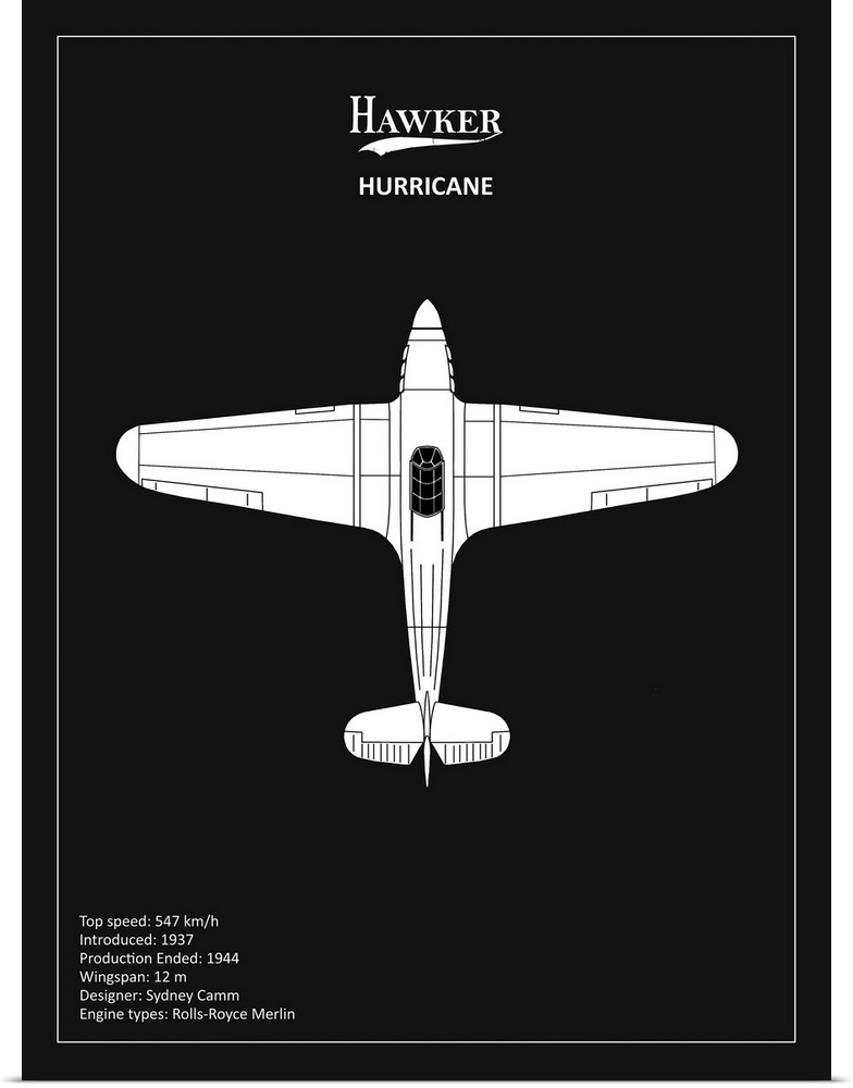 Black and white diagram of a BP Hawker Hurricane with written information at the bottom, on a black background.