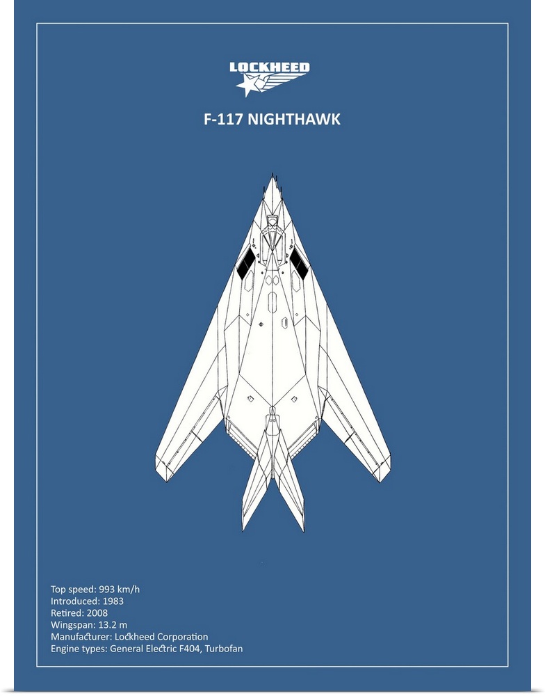 Black and white diagram of a BP LOCKHEED F117 Nighthawk with written information at the bottom, on a blue background.