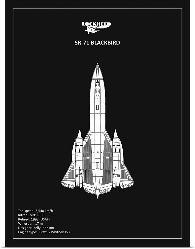 Black and white diagram of a BP LOCKHEED SR-71 with written information at the bottom, on a black background.
