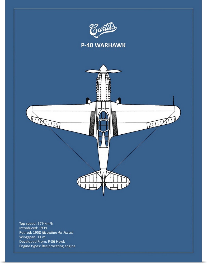Black and white diagram of a BP P-40 Warhawk with written information at the bottom, on a blue background.