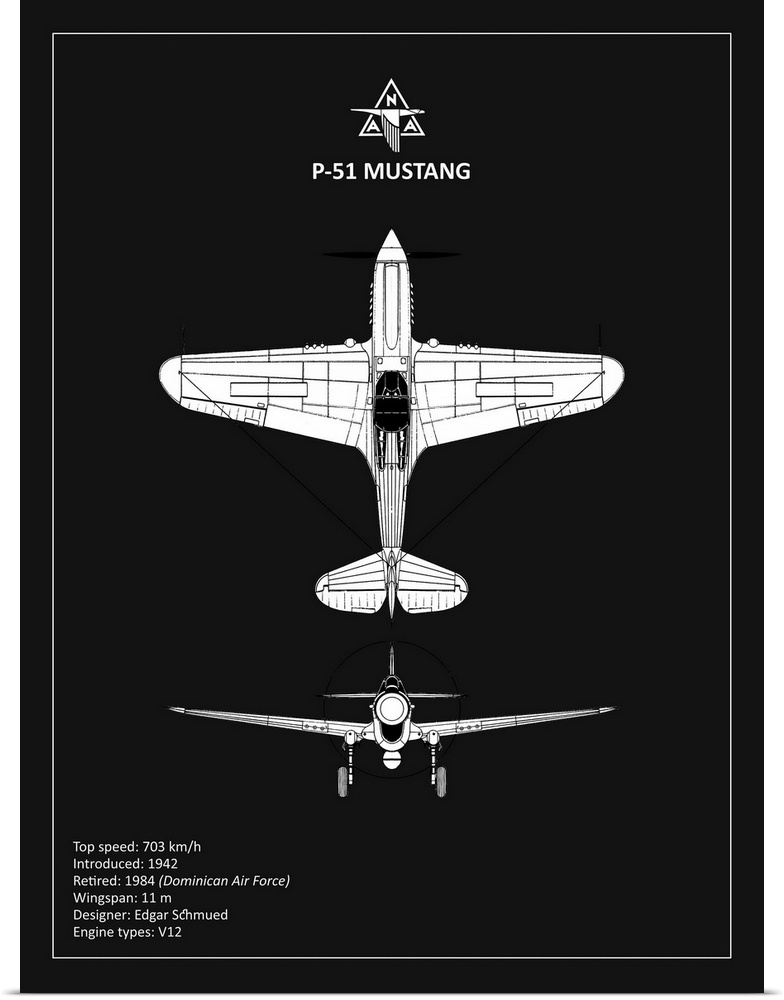 Black and white diagram of a BP P-51 Mustang with written information at the bottom, on a black background.
