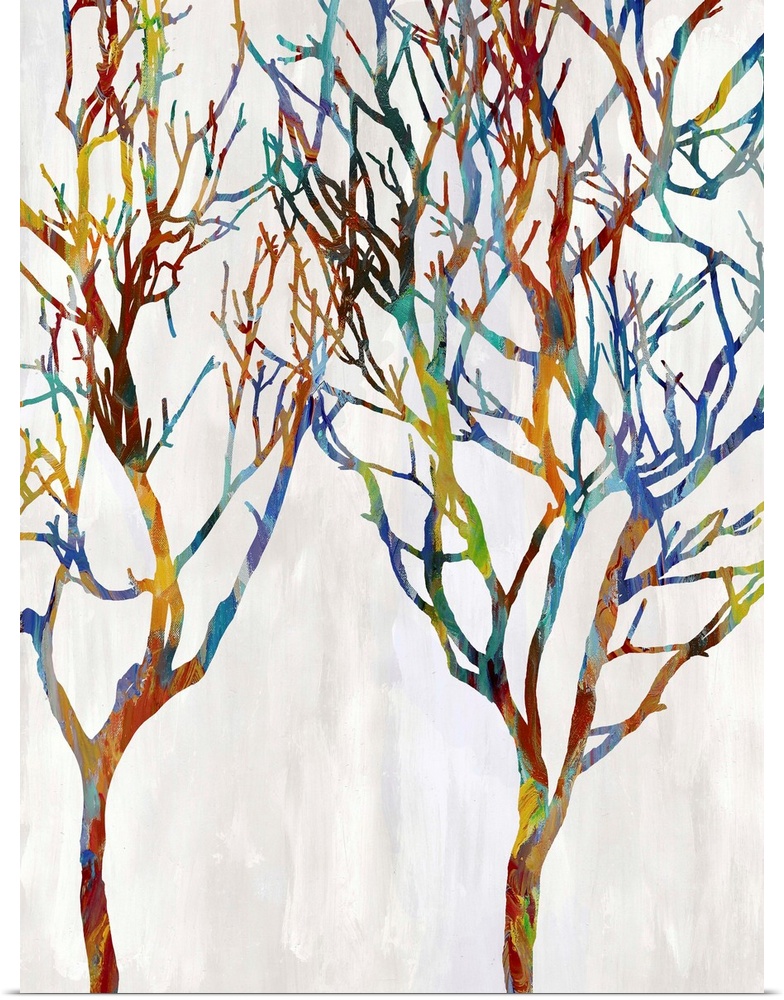 Colorful silhouettes of two leafless trees on a white and gray background.