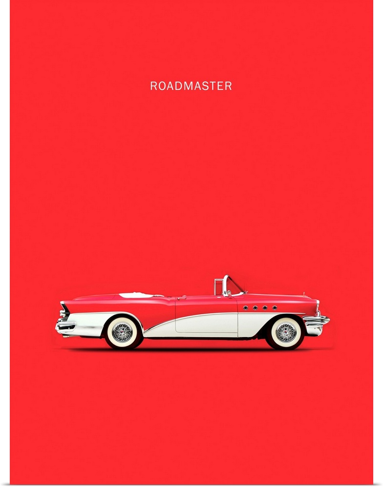 Photograph of a red and white Buick Roadmaster 55 printed on a red background