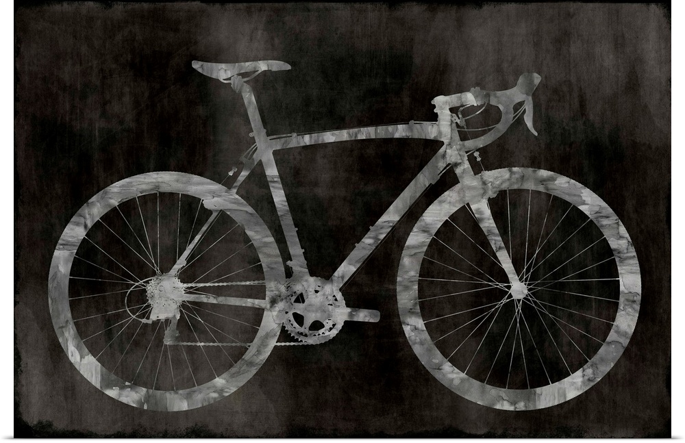Silver silhouette of a road bicycle on a black faded background.