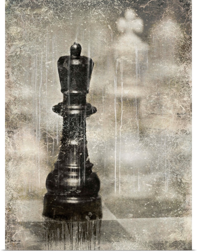Antique aged decor of chess pieces on a chess board.