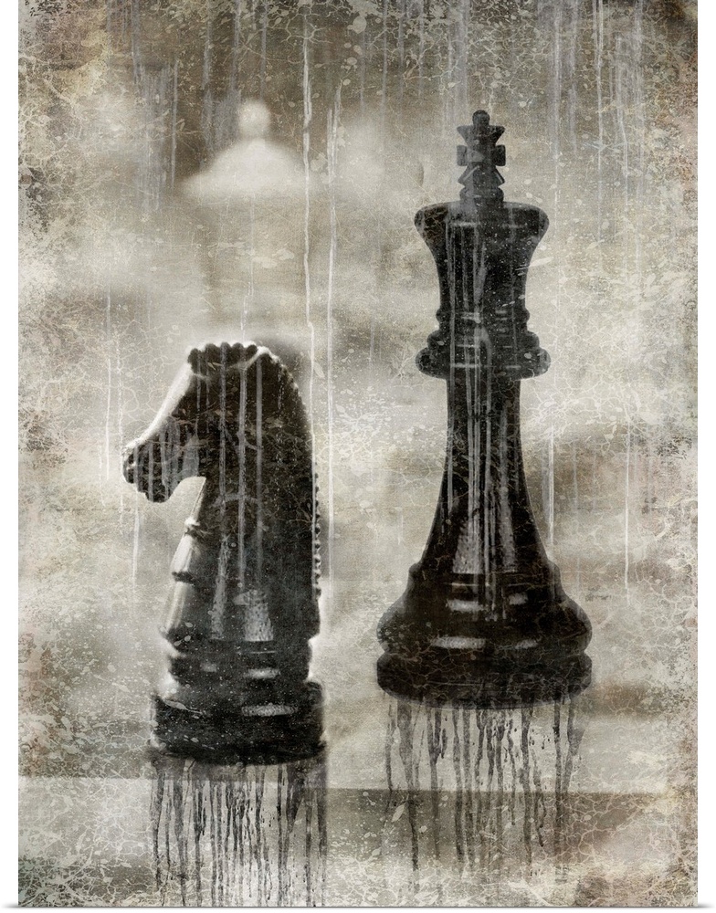Antique aged decor of chess pieces on a chess board.
