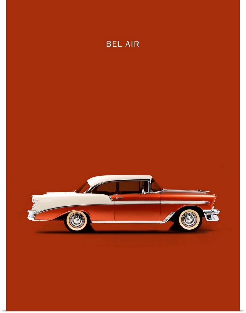 Photograph of a rust orange and white Chev Belair 56 printed on a rust orange background