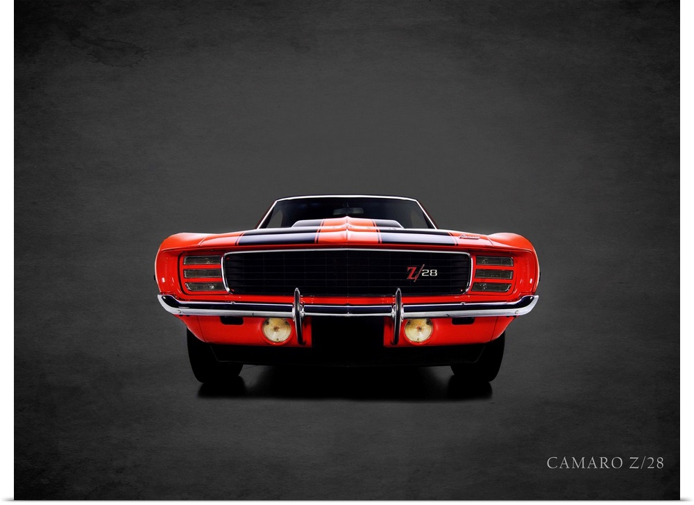 Photograph of a red 1969 Chevrolet Camaro Z28 printed on a black background with a dark vignette.