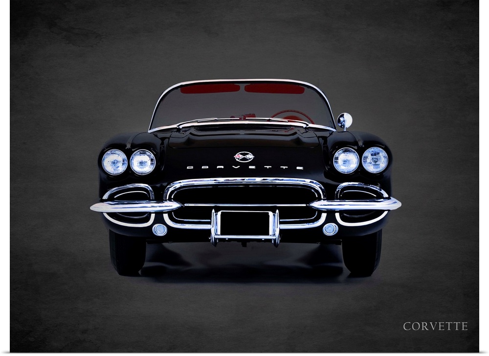 Photograph of a black 1962 Chevrolet Corvette printed on a black background with a dark vignette.