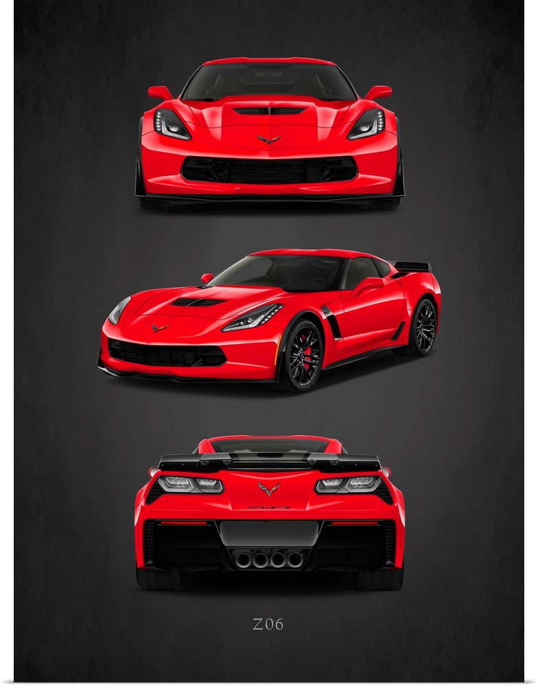 Photograph of the front, back, and side view of a red Chevrolet-Corvette-Z06 printed on a black background with a dark vig...