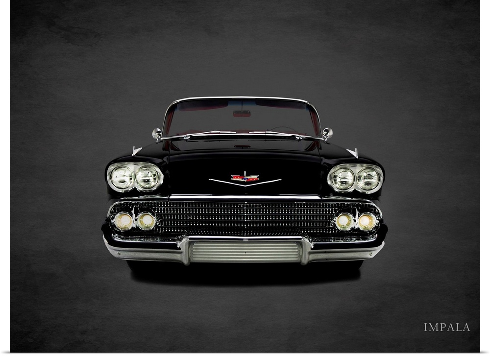 Photograph of a black 1958 Chevrolet Impala printed on a black background with a dark vignette.
