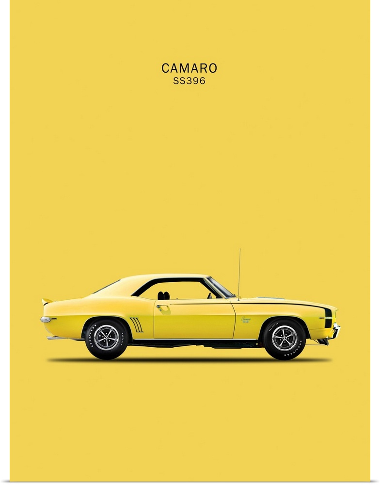 Photograph of a yellow Chevy Camaro SS396 1969 printed on a yellow background
