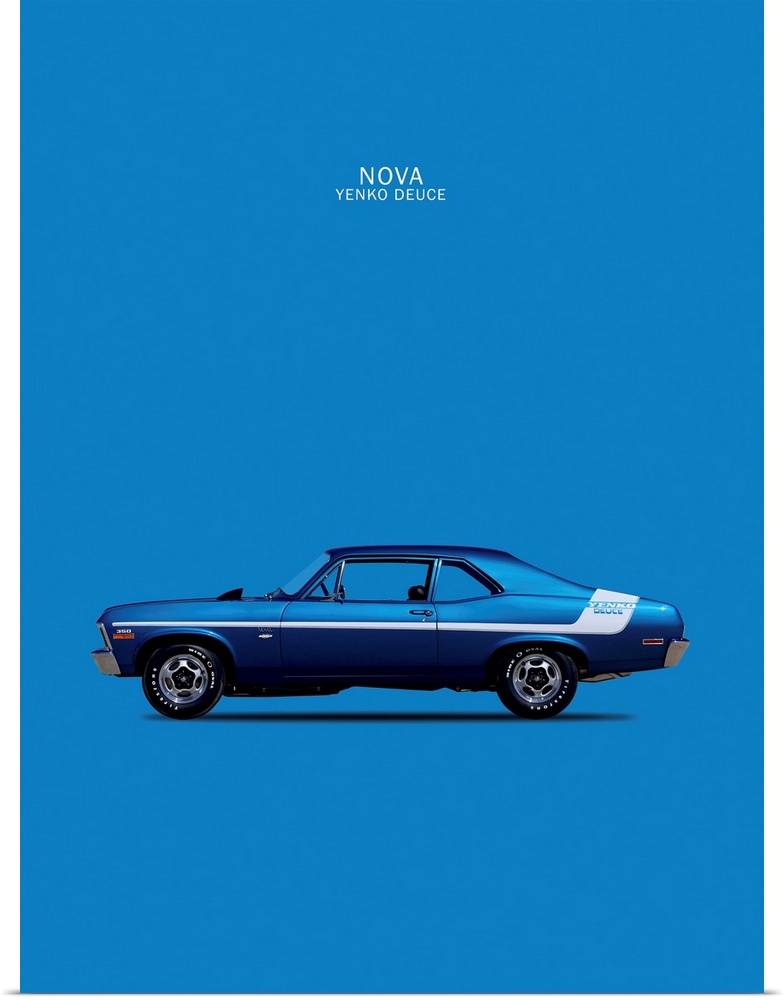 Photograph of a blue Chevy Nova 350 Yenko Deuce 70 printed on a blue background