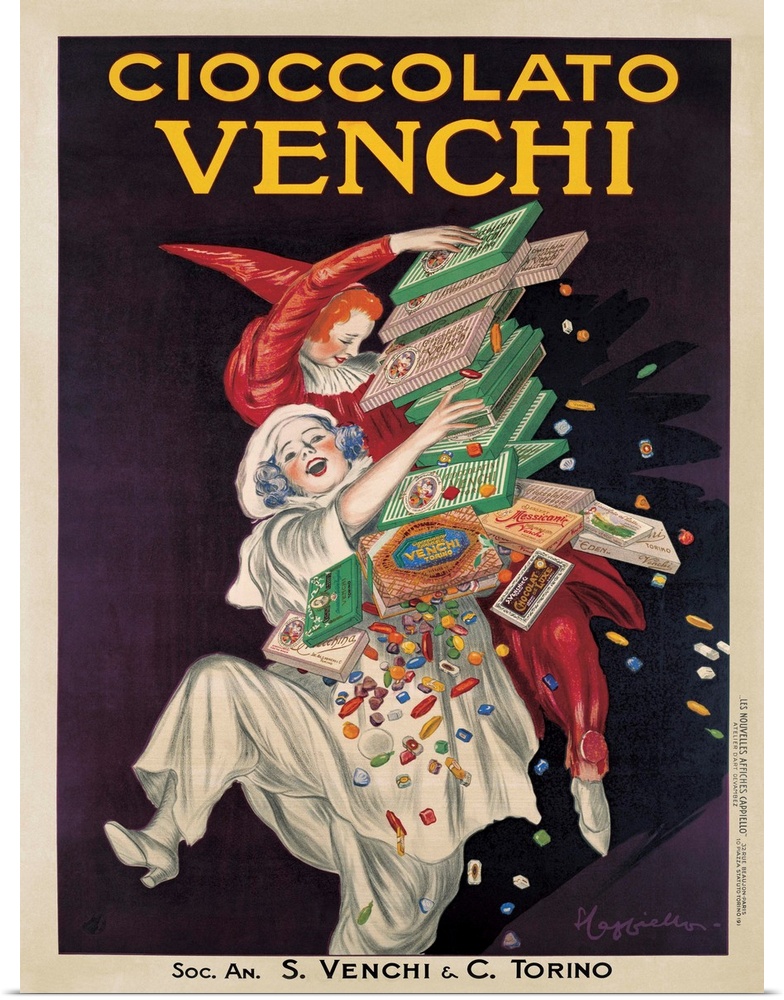 Vintage advertisement of clowns for Venchi, an Italian gourmet chocolate manufacturer.