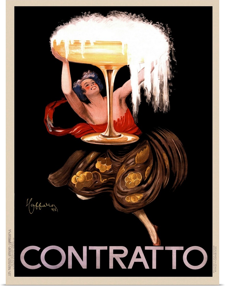 Vintage advertisement poster with a woman holding a giant glass of champagne.