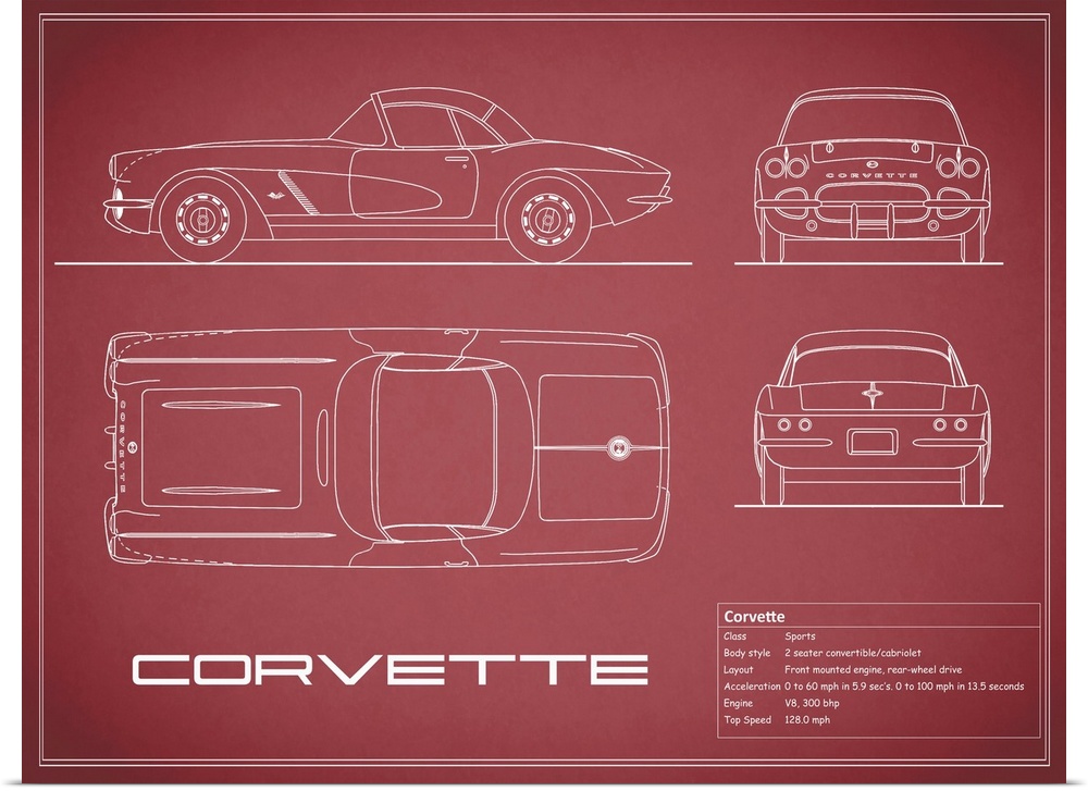 Antique style blueprint diagram of a Corvette 33BHP printed on a Maroon background.
